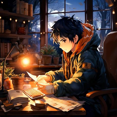 Premium AI Image | Cartoon lofi young manga style boy studying while ...