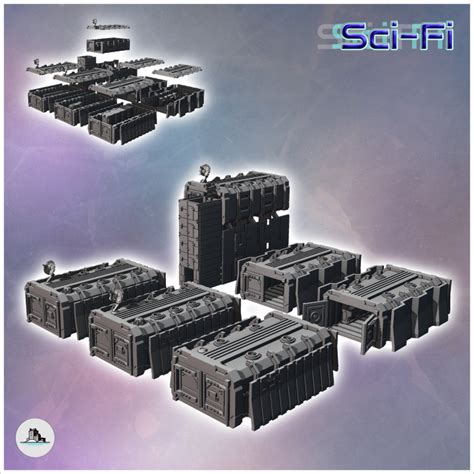 3D Printable Set of six futuristic outpost buildings with long-distance ...