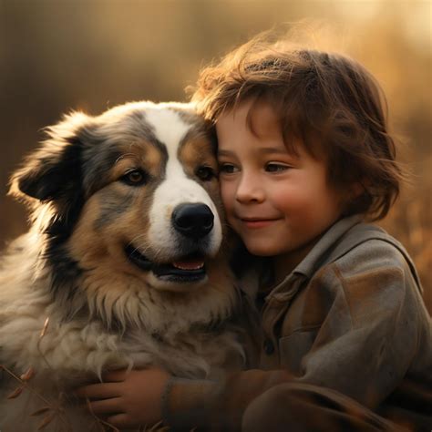 Premium AI Image | Little boy with a dog in the autumn park Friendship ...