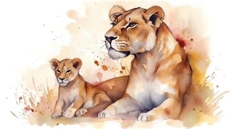 Premium AI Image | A watercolor painting of a lioness and her cub.