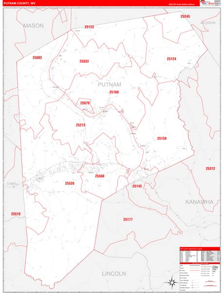 Putnam County, WV Zip Code Wall Map Red Line Style by MarketMAPS