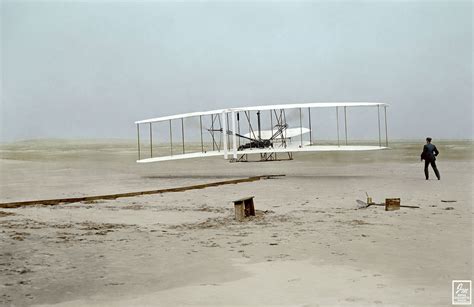 First flight of the Wright Flyer I, December 17, 1903, Orville piloting ...