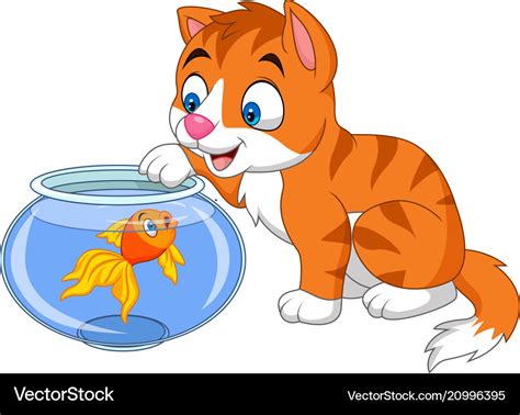 Cartoon little cat playing with gold fish Vector Image