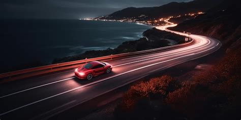 Premium Photo | A red car is driving on a highway at night.