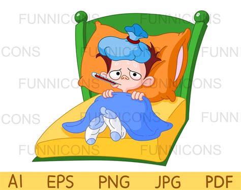 Clipart Cartoon, Sick Boy With Fever in Bed With Thermometer and Ice ...