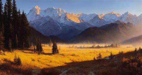 AI-generated, AI, AI art, landscape, golden hour, mountains, painting, trees, HD wallpaper ...