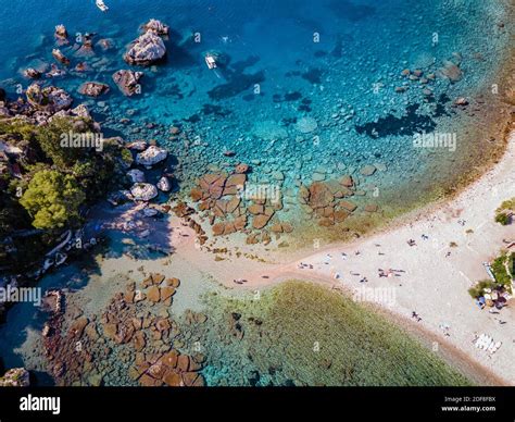 Isola Bella at Taormina, Sicily, Aerial view of the island and Isola Bella beach and blue ocean ...