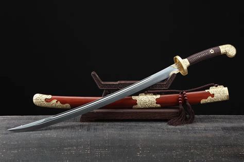 Qing dao sword,Damascus steel blade,MAHOGANY scabbard,Brass - Chinese sword shop