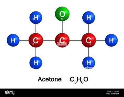 3d render of molecular structure of Acetone isolated over white background. Atoms are ...