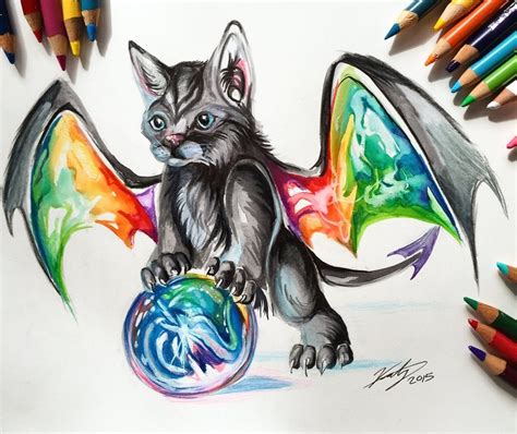 Cat dragon with rainbow wings and space ball tattoo design ...