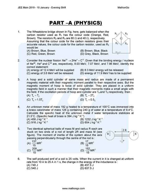 JEE Main 2019 Question Paper with Answer Keys (10th January – Evening) – MathonGo