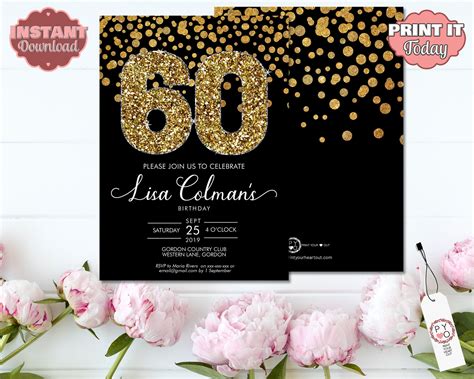 DIY 60th Birthday Confetti Invitation Printable Template, Black Gold Glitter Editable Birthday ...
