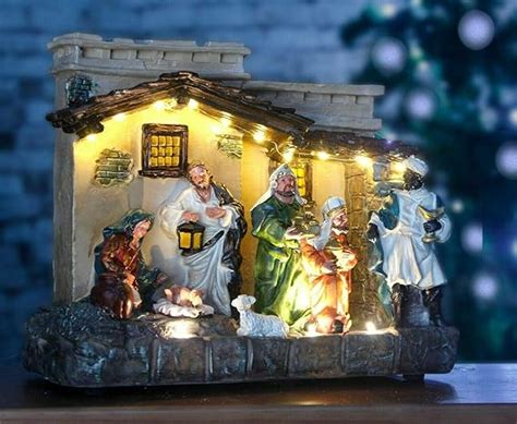HomeZone Traditional Light-Up Nativity Scene LED Lighting Christmas Decor Pre Lit Xmas Stable ...