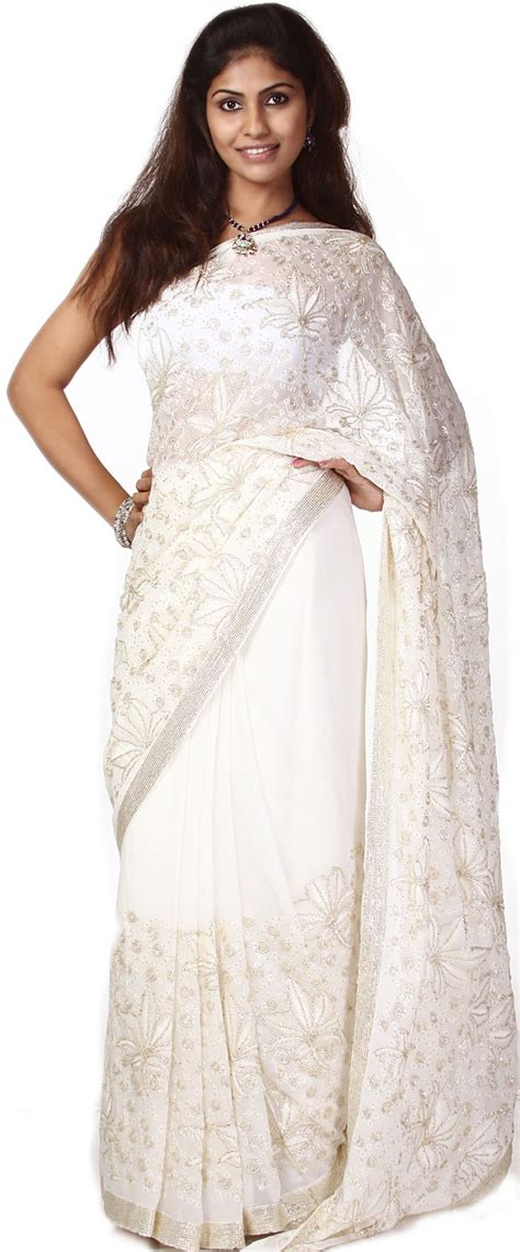 Cream Wedding Sari with All-Over Thread Embroidery in White and Sequins ...