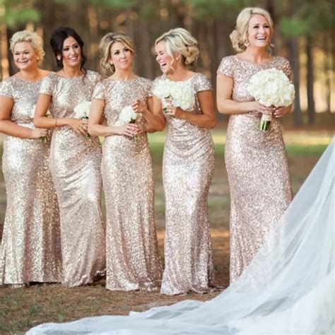 Cheap Bling Gold Sequin Maid of Honor Dresses Long Bridesmaid Dresses Gown 2015 Short Sleeves ...