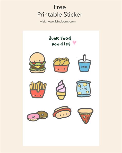 Free printable stickers - junk food doodles | Free printable stickers, Printable stickers, Stickers