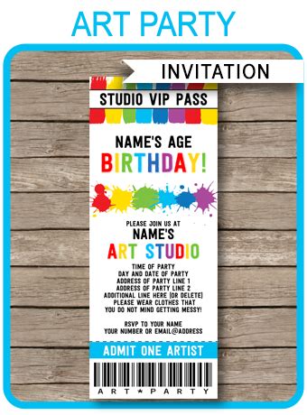 Art Party Ticket Invitations | Paint Party | Template