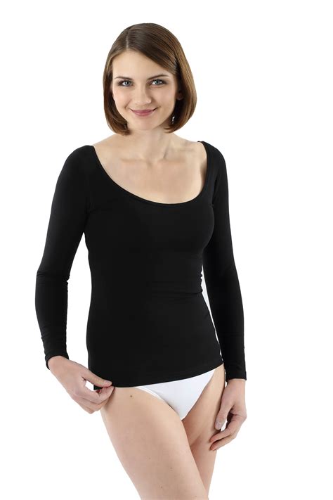 Women's long sleeve undershirt with deep scoop neck stretch cotton black | ALBERT KREUZ