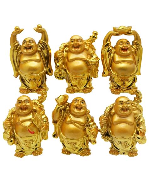 Set of 6 Gold Finish Mini Happy Buddha Statues | Laughing buddha, Happy ...