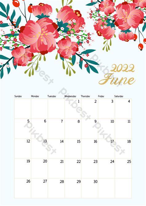 2022 Calendar June Color Floral Template | AI Free Download - Pikbest