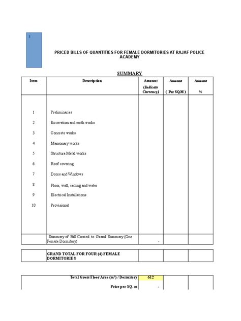 Bill of Quantities Template Excel | Electrical Wiring | Plumbing