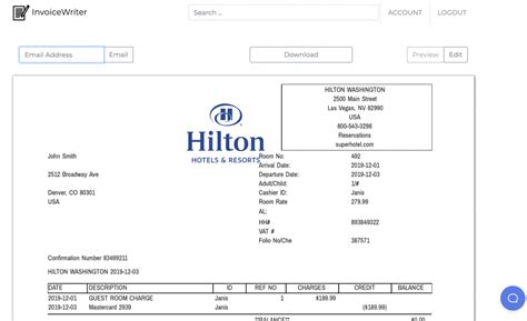 Hilton Hotel Receipt / Folio – Invoicewriter