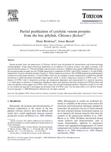 (PDF) Partial purification of cytolytic venom proteins from the box jellyfish, Chironex fleckeri ...