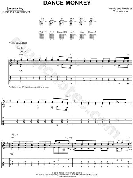 Andrew Foy "Dance Monkey" Guitar Tab in E Minor - Download & Print - SKU: MN0201711