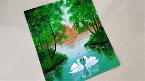 Swan Pair in the Lake Painting|Acrylic Landscape Painting tutorial for beginners|Easy swan ...