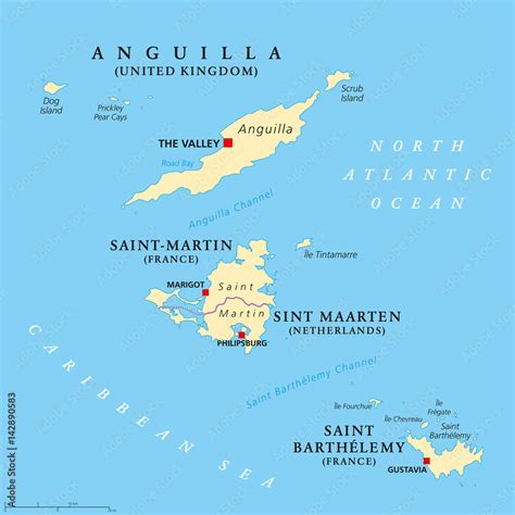 Anguilla, Saint-Martin, Sint Maarten and Saint Barthelemy political map. Islands in the ...