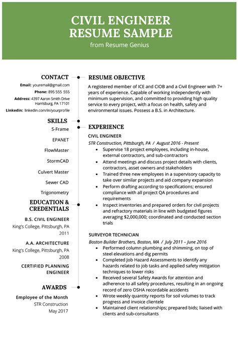 Civil Engineering Resume Example & Writing Guide | Resume Genius | Engineering resume, Civil ...