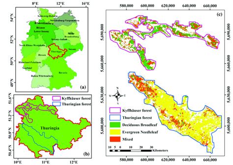 Study areas. (a) location of the Thuringia state in Germany (the state ...