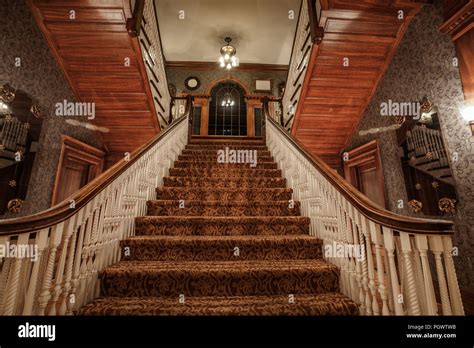 Stairway in the historic Stanley Hotel in Estes Park, Colorado. The ...