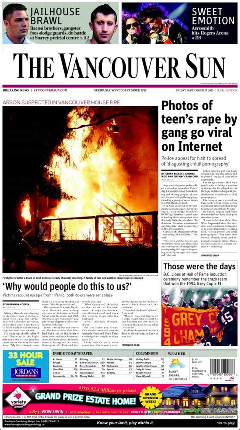 Newspaper The Vancouver Sun (Canada). Newspapers in Canada. Friday's edition, September 17 of ...