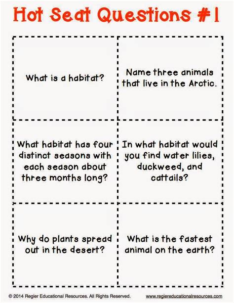 Classroom Freebies Too: Habitat Hot Seat Questions FREEBIE!