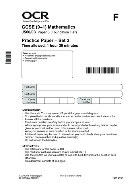 GCSE (9–1) Mathematics J560/04 Paper 4 (Higher Tier) Practice paper – Set 2 - Browsegrades