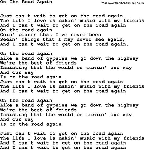 Willie Nelson song: On The Road Again, lyrics