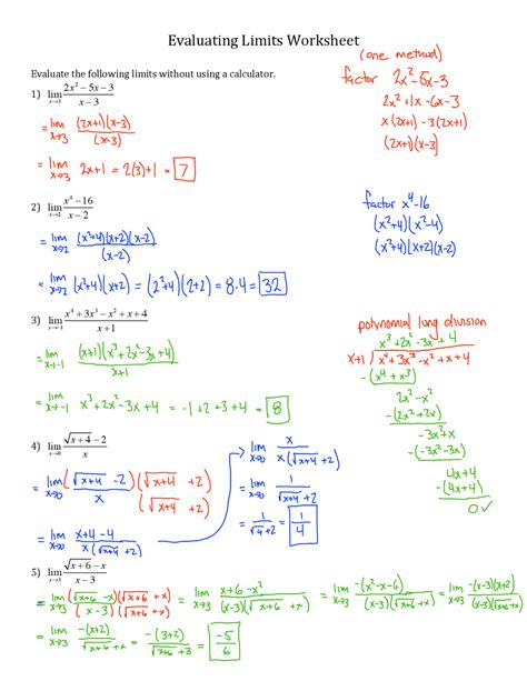 Evaluating Limits Worksheet Solutions - PreCalculus - Docsity