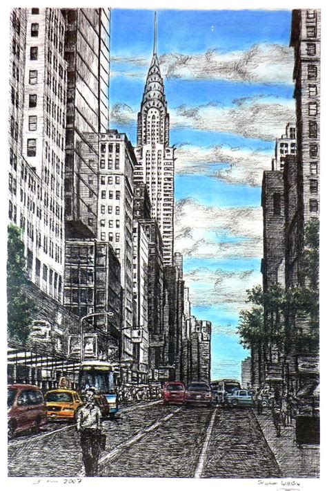 Chrysler Building with street scene in New York - Original drawings ...