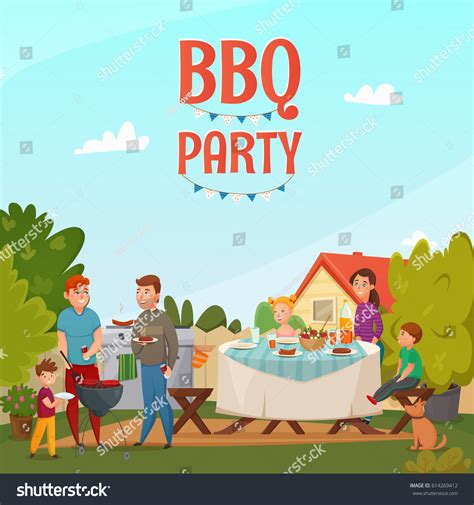 Colored Cartoon Barbecue Party Poster Family: vetor stock (livre de ...