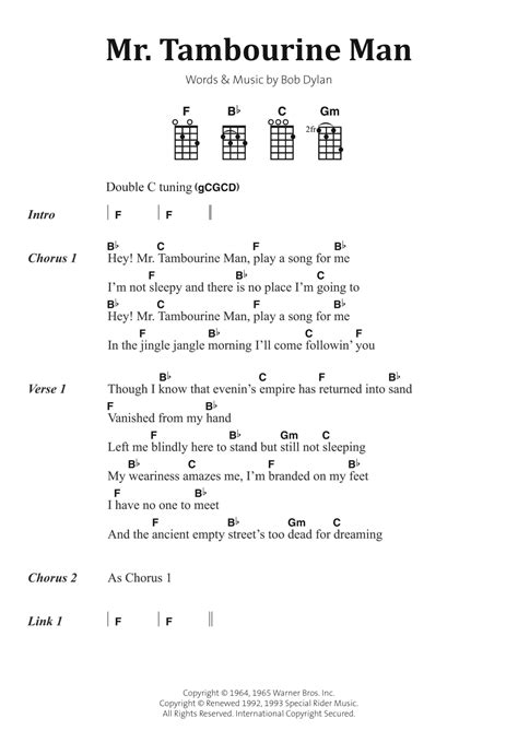 Mr. Tambourine Man by Bob Dylan Sheet Music for Ukulele Chords/Lyrics at Sheet Music Direct