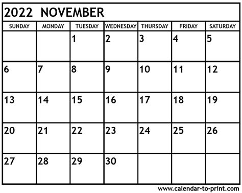 November 2022 Calendar Printable - Printable Word Searches