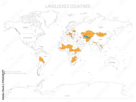 Political map of World with marked landlocked and double landlocked ...