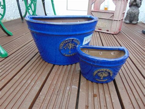 blue wall planters x 2/ceramic quality/garden pots /collect aberbargoed | in Bargoed, Caerphilly ...