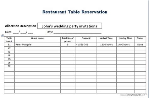 Restaurant Reservation Sheet | charlotte clergy coalition