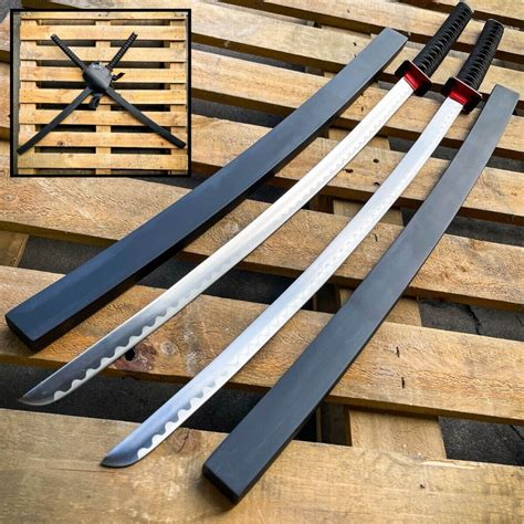 Deadpool Samurai Twin Katana Set Carbon Steel Swords Red TSuba Dual w/ Backstrap - SwordsKingdom