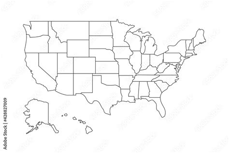 USA vector map contour with federal states borders. United States of America country outline ...