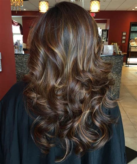 Long Brunette Hair With Golden Highlights | Hair highlights and lowlights, Brunette hair color ...