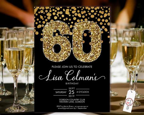 DIY 60th Birthday Confetti Invitation Printable Template, Black Gold Glitter Editable Birthday ...