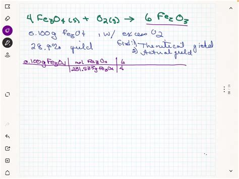 SOLVED: 0.100g of Fe3O4 reacts with excess O2 to give Fe2O3 in 28.9% yield according to the ...